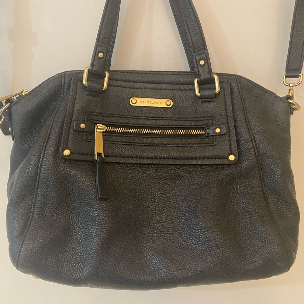 Michael Kors Bag Black Pebbled Leather Satchel With Crossbody Strap Excellent